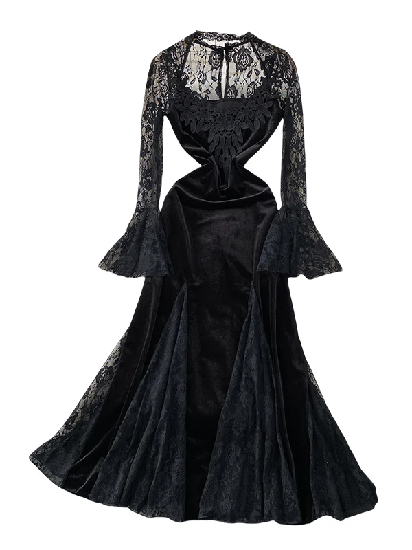 Ele veludo renda redonda ne bell sve longo dr feminino cintura alta a linha fi cauda vestido sofisticado sensação dr