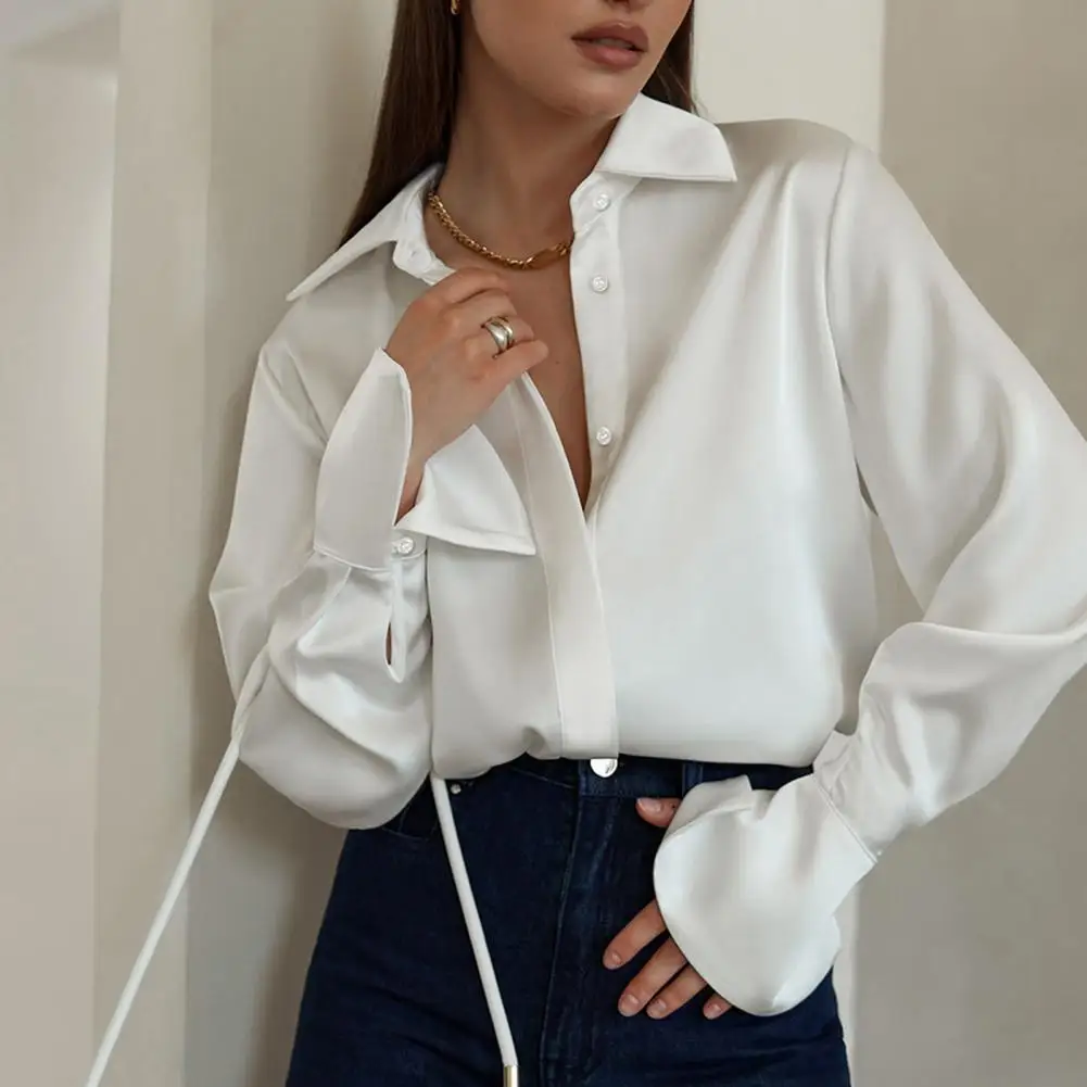 

Women Fall Spring Shirt Silky Satin Lape Smooth Long Sleeve Top Loose Cardigan Soft Formal Elegant Style Lady Commute Blouse