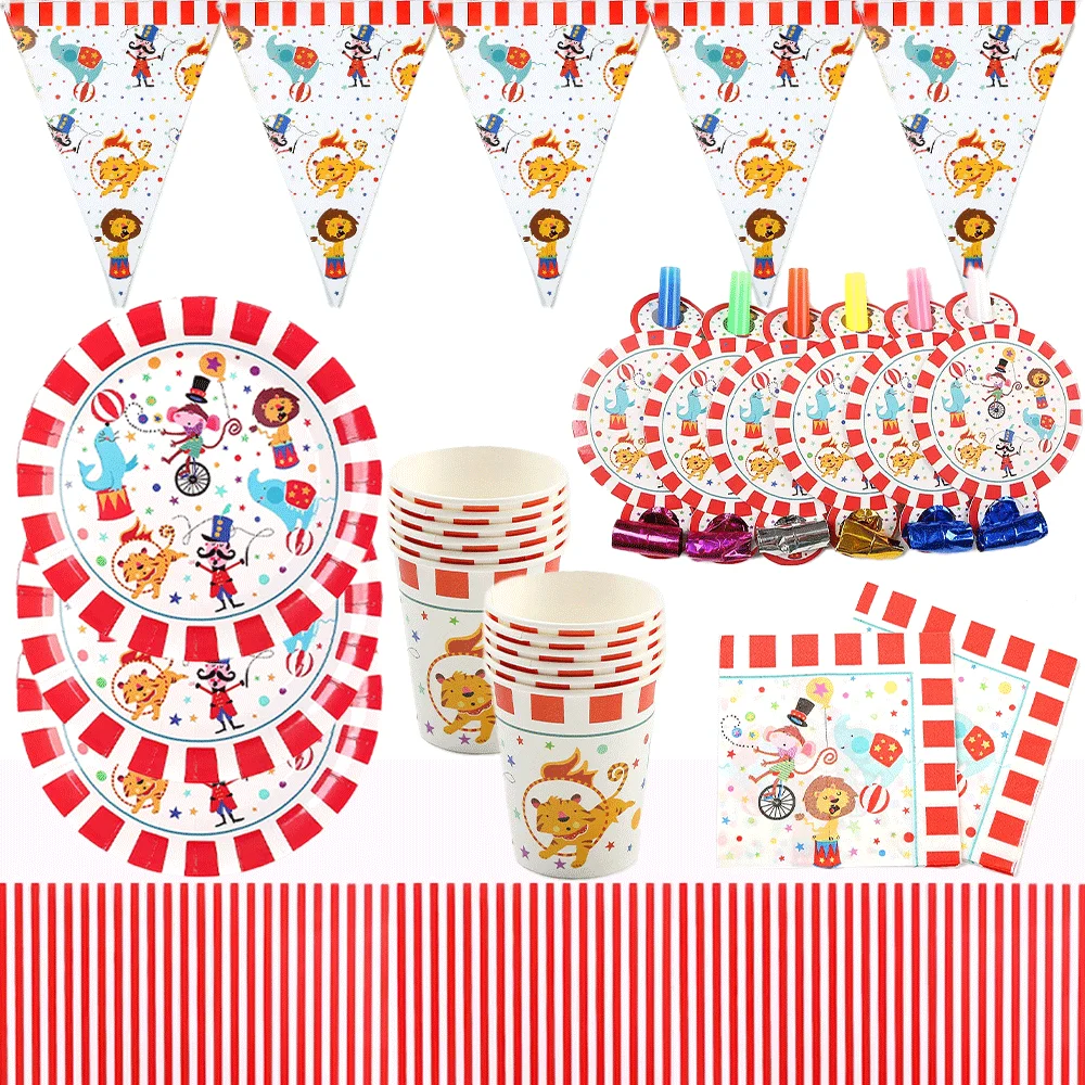 Fiesta de carnaval, plato de papel de animales de circo, servilleta, mantel a rayas rojas y blancas para niños, cumpleaños, fiesta de Carnaval de Año Nuevo