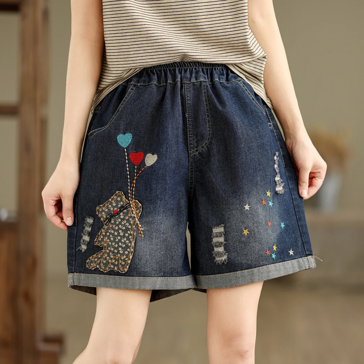 

Harajuku fashion cartoon embroider denim shorts for women summer Japan style elastic waist original jean shorts