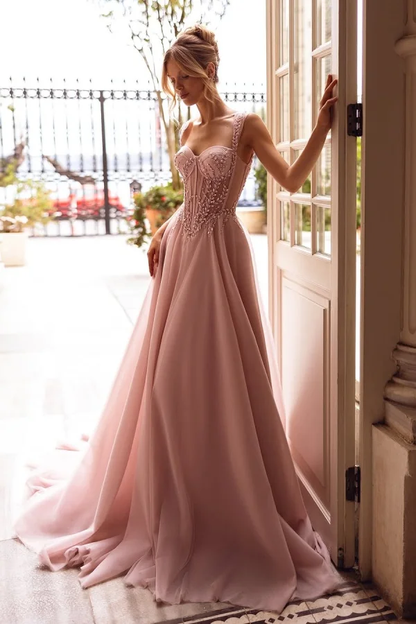 

Linda Pink Evening Gowns for Women Customized Beading Appliqued Vestidos de Gala Sleeveless Ruffles Prom party Gowns