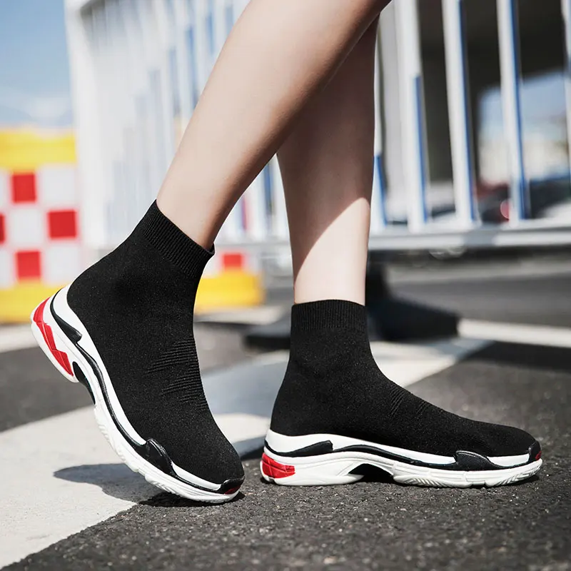 MWY Black Sneakers for Women Platform Vulcanized Shoes Female Socks Shoes Sports Trainers Men Slip-on Stretch Upper Size 35-47