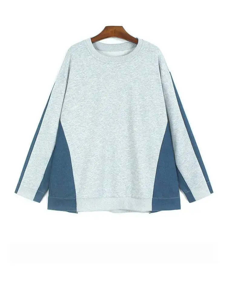 رمادي الدنيم اللون كتلة البلوز جديد جولة الرقبة طويلة الأكمام المرأة كبيرة الحجم أزياء المد ربيع الخريف #1