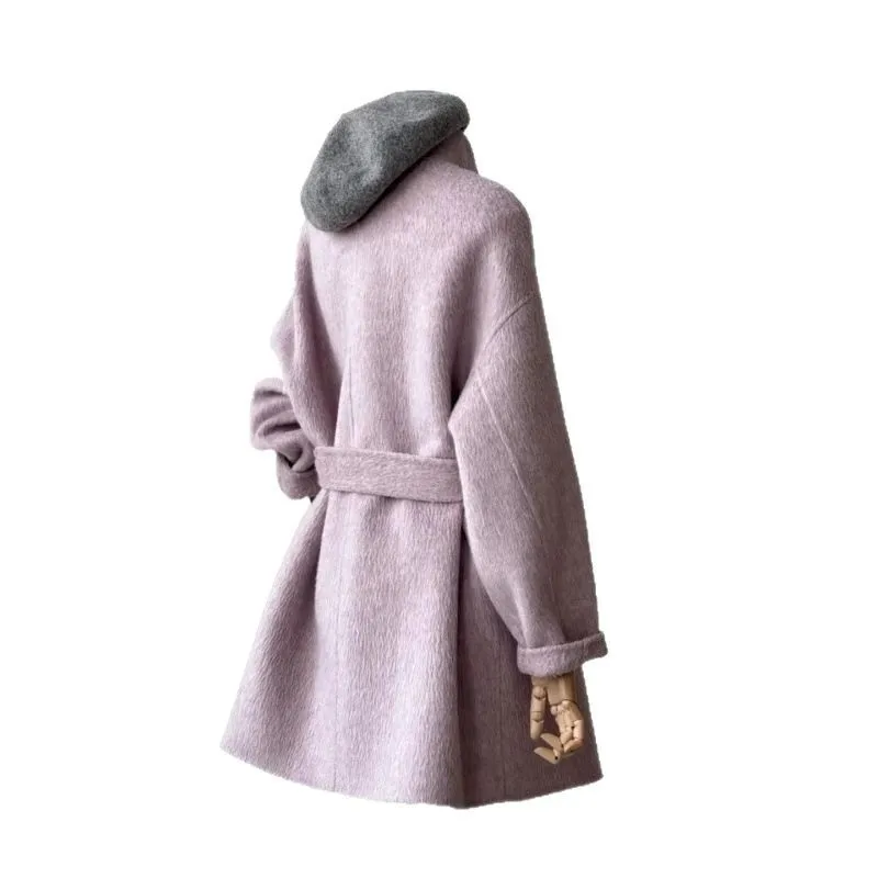 معطف صوفي نسائي عصري فضفاض مناسب برقبة دائرية متعدد الألوان للخريف/الشتاء صوف على الوجهين