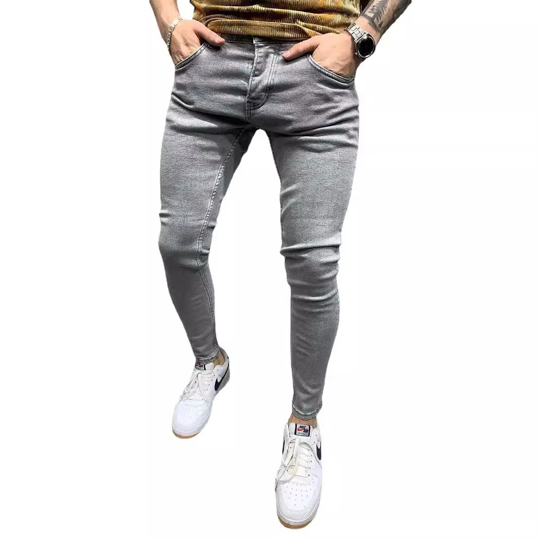 Jeans elasticizzati da uomo pantaloni a matita lavati pantaloni a vita media con spessori Vintage tasche con cerniera a bottone Fly Casual Basics pantaloni alla caviglia