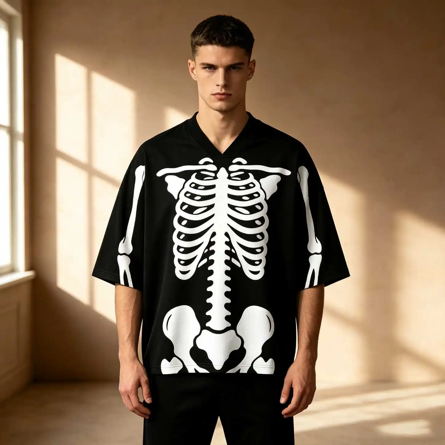 Streetwear Anatomy Human Skeleton Print Men Summer Casual Oversized V Neck Elbow Sleeve Tee, Loose Fit