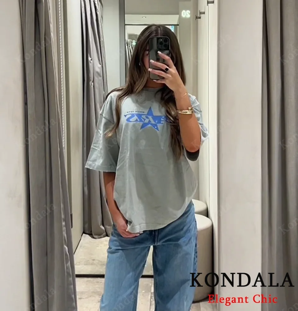 

KONDALA осенняя женская шикарная стильная свободная футболка с надписями, новинка 2024, весенняя модная повседневная удобная простая женская футболка с графическим рисунком