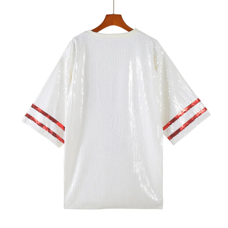 

Summer New Patchwork Color Striped Letter Streetwear Sequin Loose Short Sleeve Round Neck Straight Women's Long T-Shirts