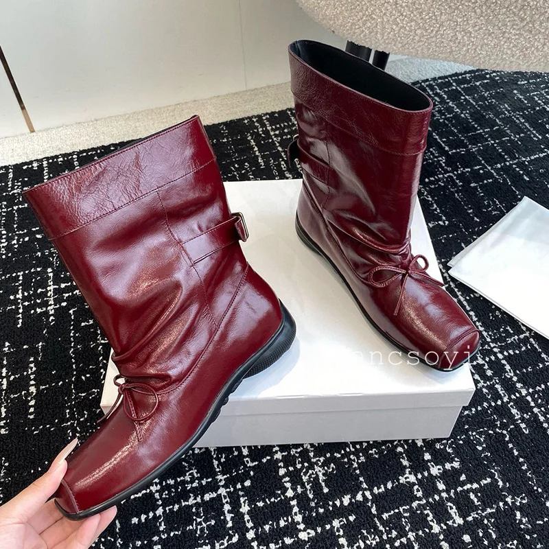 Square Toe Genuine Leather Bow Knot Short Boots Women Buckle Strap Design Mid Calf Boot Autumn Winter British Style Riding Boots