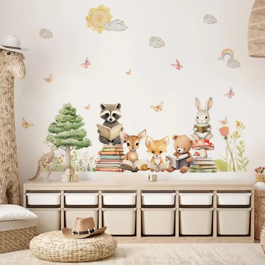 Cute Woodland Animals are learning Wall Stickers for Kids Room Wallpaper for Children Bedroom Living Room Nursery Decoration