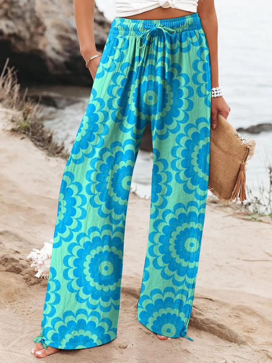 Sea blue Bubbles Women's Printed And Linen Casual Pants