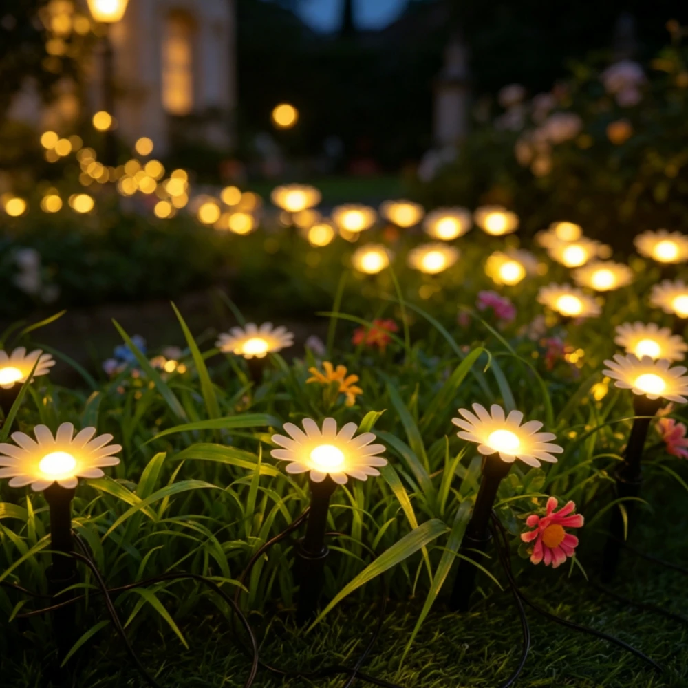 1PC 5M/8M Solar Powered Daisy Garden Light, LED Waterproof Floor Mounted Lawn Light, Suitable For Courtyard Landscape Decoration