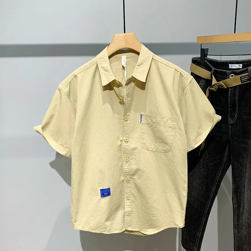 

Short Sleeve Tops Shirts Fashion Turn-down Collar Simple Comfortable Versatile Selling Solid Button Pockets Men's Clothing