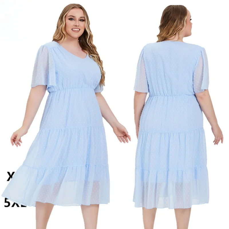 

2024 European and American plus Size Women's Clothes Summer New V Collar Short Sleeve Full-Figured Girls' Dress