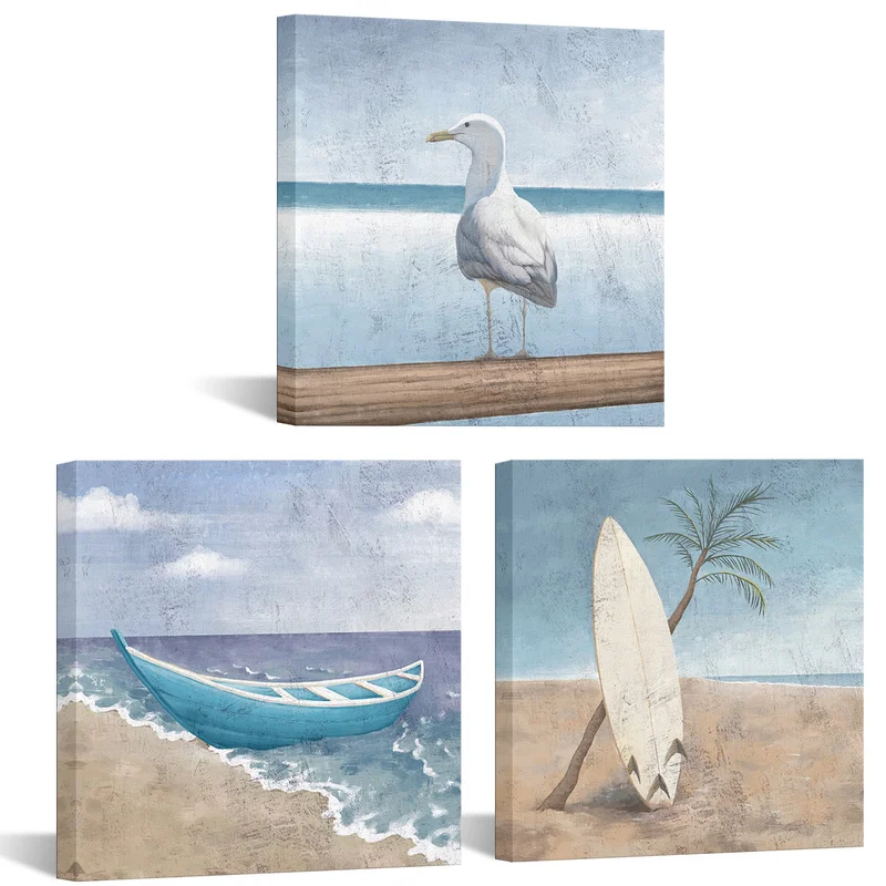 

3 Pieces Seagull Boat Surfboard Wall Art Poster Ocean Theme Print Canvas Art Modern Style Pictures Living Room Home Decor