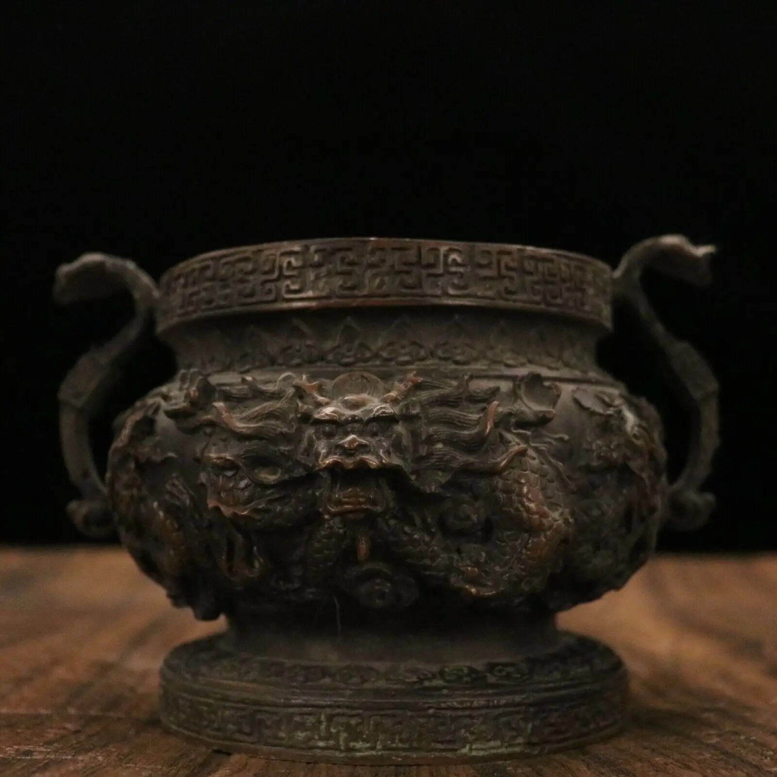 Marked Old Chinese bronze Copper two Dragon play Ball exquisite Incense Burner