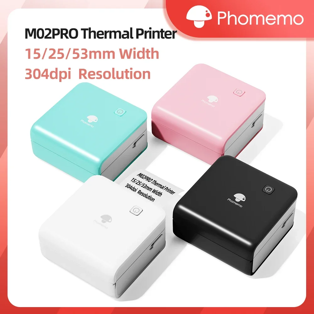 Phomemo M02Pro Mini Portable Printer Wireless Thermal Labeler 300dpi Inkless Printing 15/25/50/53mm for Photo Easy Labeling