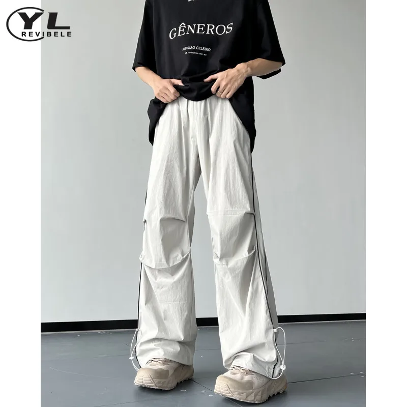 

Summer Thin Quick Drying Pant Men Loose Casual High Street Fold Straight Pants Stripe Design Jogging Wide Leg Trousers Unisex