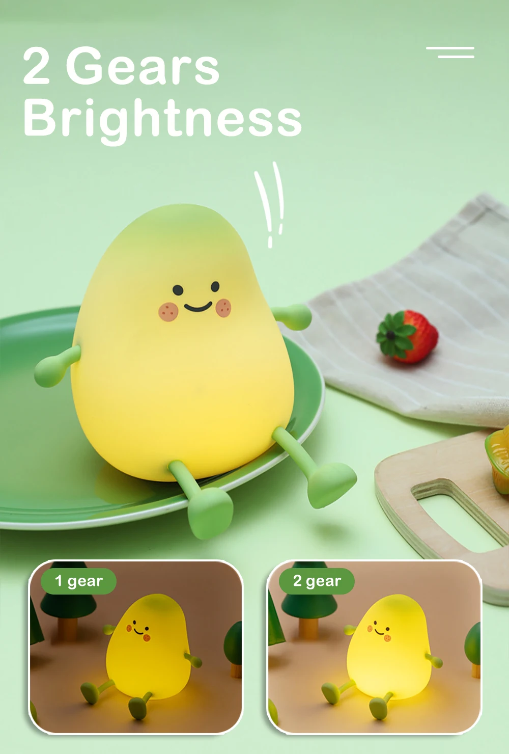 LED Pear Fruit Silicone Night Light 7 Colors Dimming Touch USB Rechargeable Cartoon Bedside Lamp Bedroom Decor Cute Kid Gift