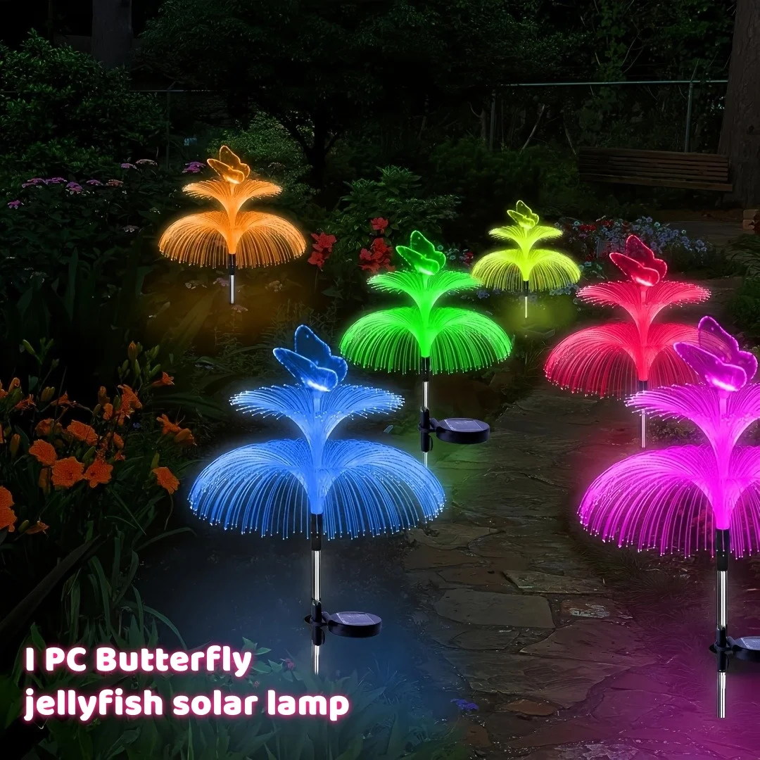 

1 PC Outdoor Solar Garden Lights 7-Color Changing Double Jellyfish & Butterfly Design Solar Flower Lights for Pool Yard Decor
