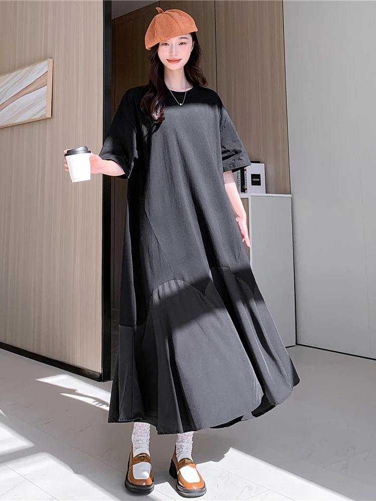 NYFS 2025 فستان صيفي فضفاض حجم كبير غير منتظم هيم فساتين طويلة رداء Elbise كم قصير النمط الكوري فستان امرأة الصلبة #4