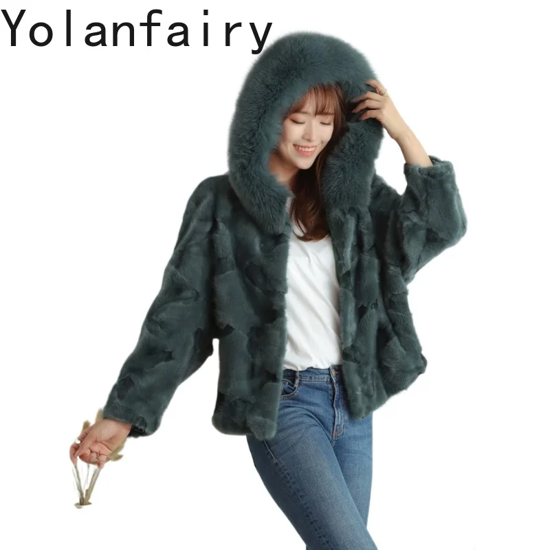 YOLANFAIRY Nowy Naturalny Płaszcz z Futra z Kapturem Odzież Damska 2025 Zimowy Krótki Płaszcz z Prawdziwego Futra Norki Kurtka Kołnierz z Futra Lisa Fourrures