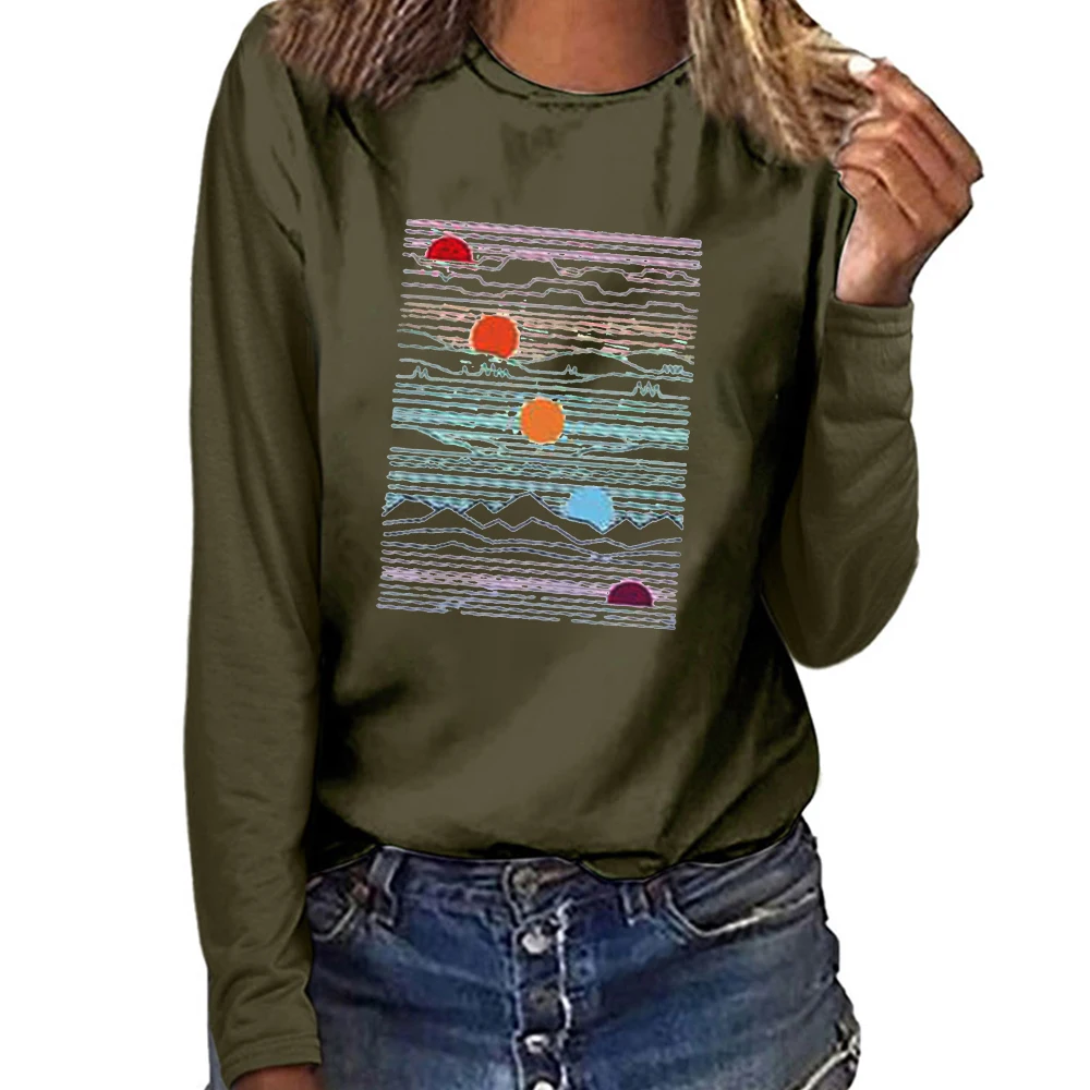 

Seeyoushy Sunrise Wave Print 2023 Long Sleeve Women's T-shirt O-neck Fashion Women's Top Harajuku Y2K Aesthetic Women's Clothing