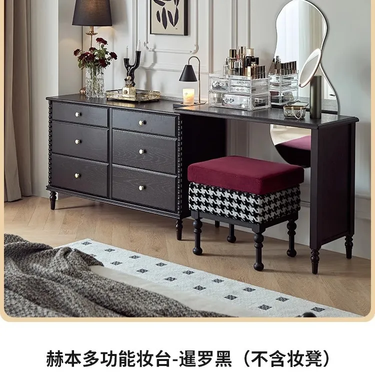 #French retro solid wood chest dressing table, antique household bedside retractable multi-functional storage makeup table