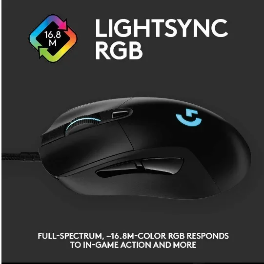 Rato gaming ligeiro g403 hero 25k, leve, rgb, cabo trançado, 25600 ppp, pegas laterais em borracha, rato gaming com fios