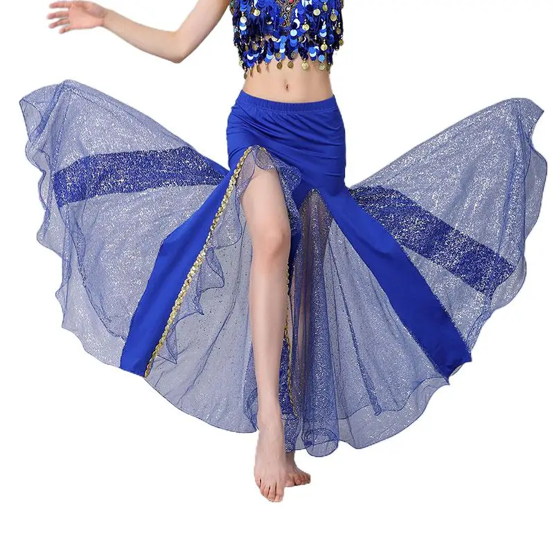 2023 Professional Belly Dance Spilt Skirt Women Sexy Shiny Mesh Dancing Long Dress Female Maxi Bellydance Lesson Wear Costume