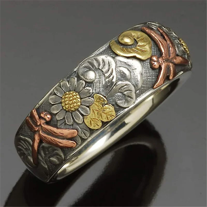 1pc Hot Sale Vintage Carved Ring  Flower Dragonfly Sunflower Ring