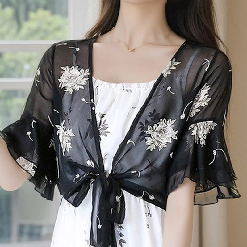 

2025 Summer Sunscreen Shirt Elegant Shawl Women Shirt Black White Print Chiffon Shirts Blouse Women Tops Camisas De Mujer N569