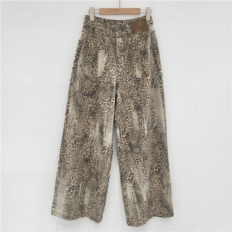 Women's 2025 Fall Straight Leg Pants High Waist Leopard Print Wide Trousers Vintage Loose Fit Casual Pants