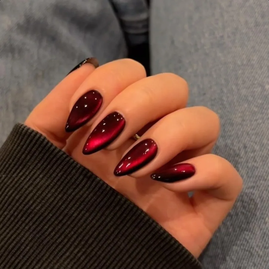 

Темно-красный накладные ногти Cat Eye Bury Glitter Pr on Nails Миндаль Средний блестящий набор накладных ногтей Cute Bling Glue on Nails Mediu