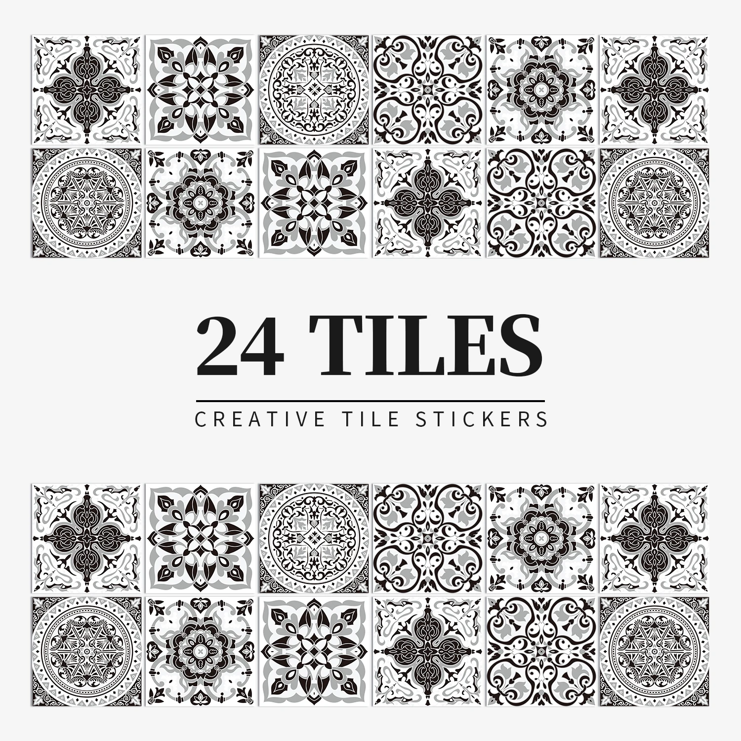 24 pcs/pack, Waterproof and Oil-proof, Easy To Clean, Black And White Retro Pattern Self-adhesive PVC Tile Stickers