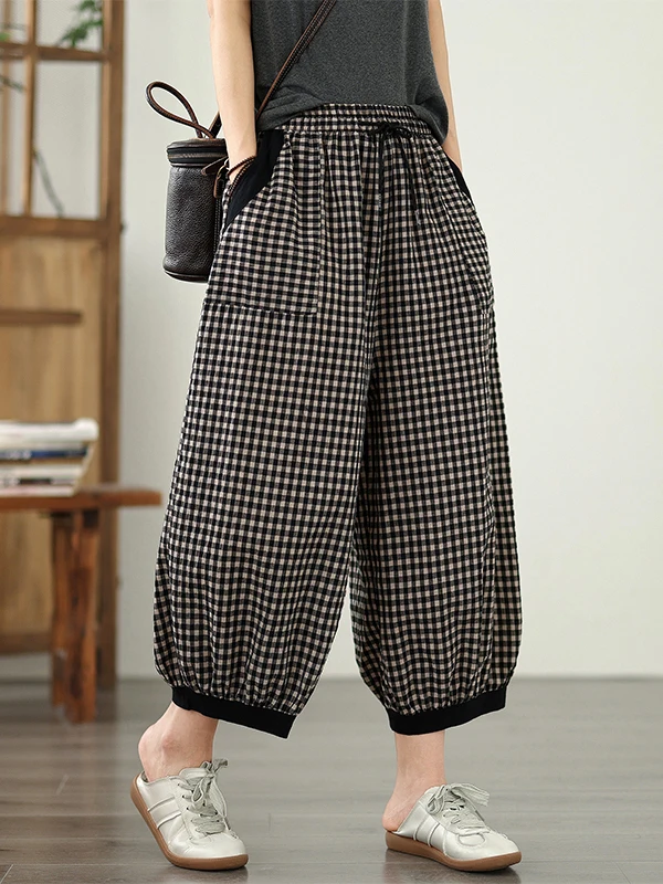 Retro algodão linho xadrez lanterna calças femininas verão fino cintura alta drape casual solto emagrecimento linho calças de sete pés