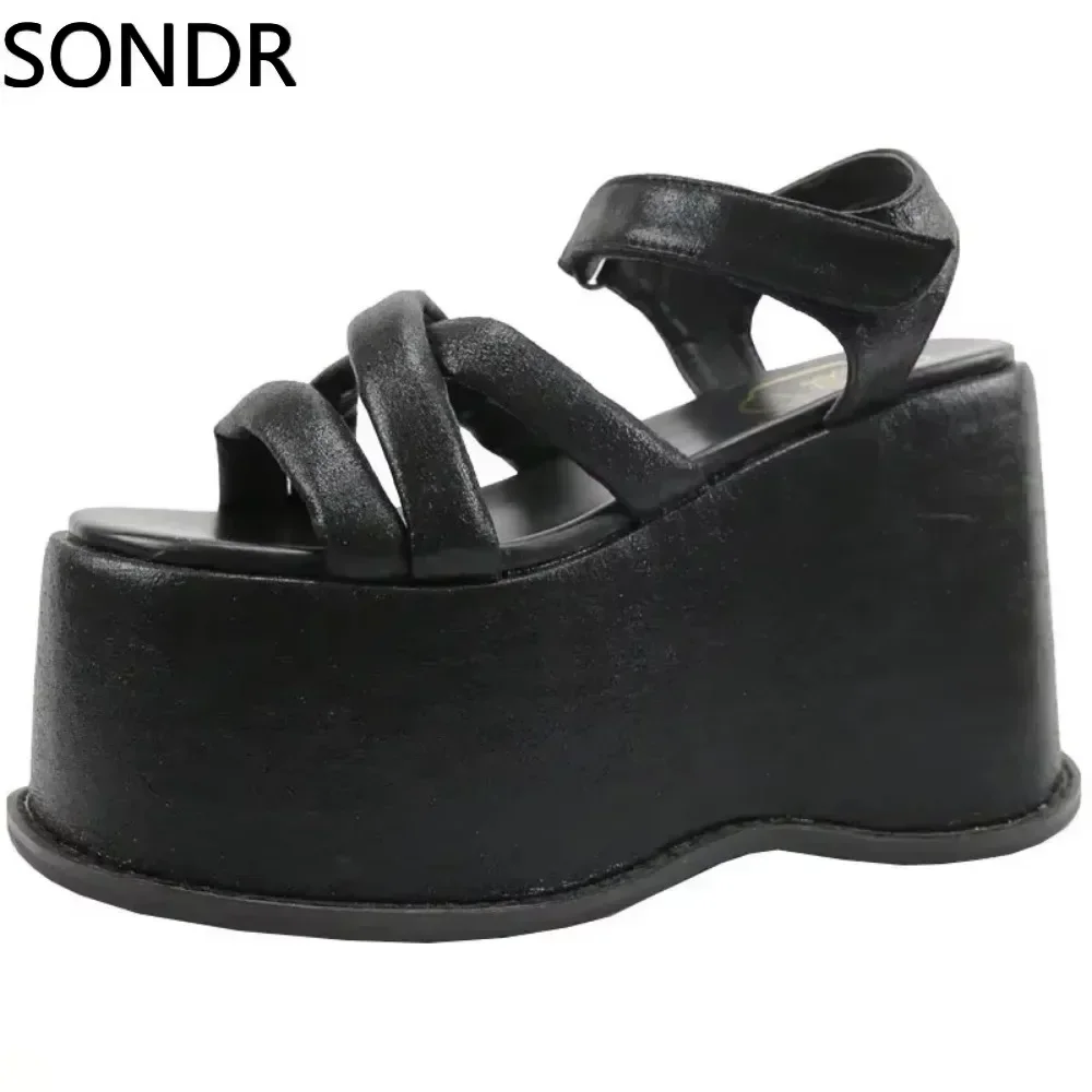 Women Lolita Belt Round Toe Gothic Punk Sandals Shoes Platform Wedge High 12CM Heel Creepers Japanese Harajuku Dark JK