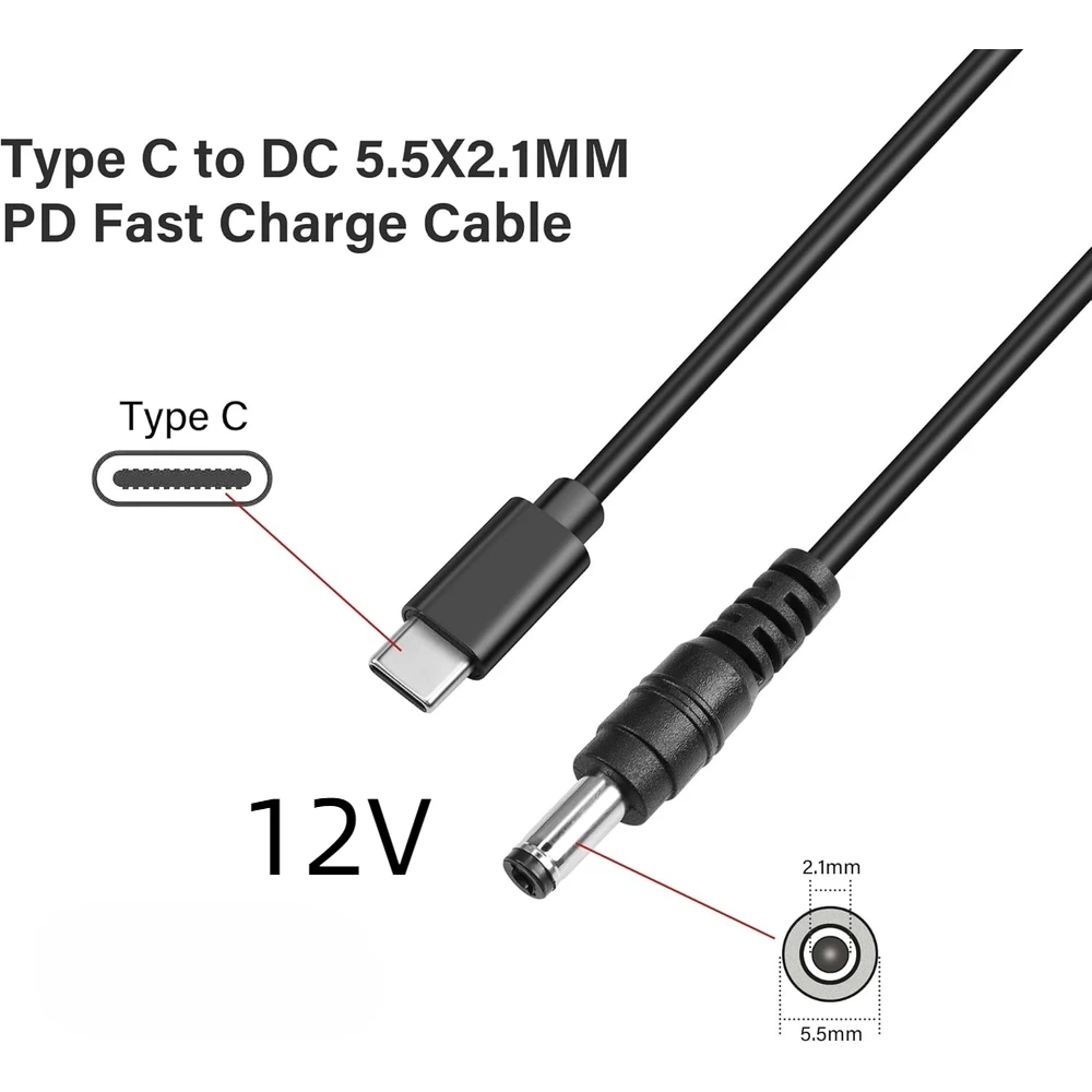 

1.5m USB C PD Charger Cable Type-C Male Input To DC5.5x2.1mm 12V Power Supply Cord for Routers Speaker CCTV Camera LED Strips