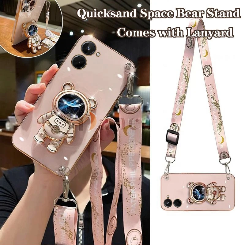 Quicksand Astronaut Lanyard Plating Phone Holder Case For OPPO Realme 10 9 9i 8 8i 7 7i 6 Pro Plus C35 C30 C31 C25 C20 C21 Cover