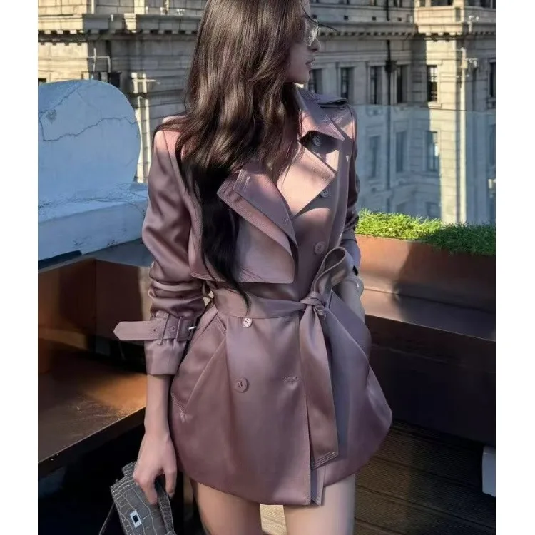 Ele Briti Sle Women's ort Coat Pink Waist-Cinching Belted Double-Row Buttoned Outerwear for Autumn Faion 2025