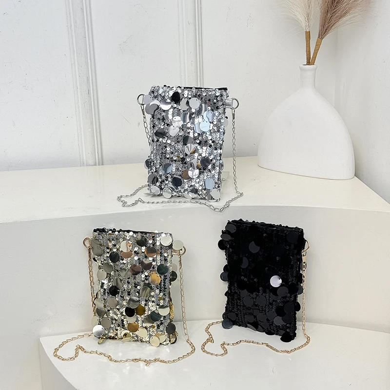 

Fashion Glitter Sequin Small Phone Sweet Bag Metallic Disc Chain Crossbody Bags Sparkly Evening Handbag for Wedding & Night Out