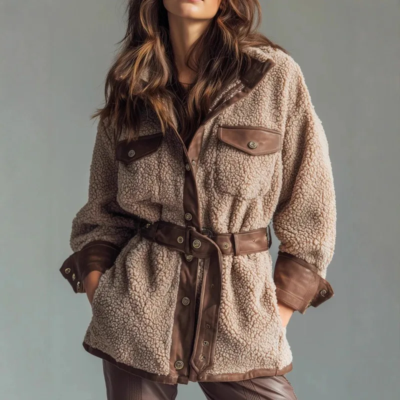 

Women Winter Faux Lamb Furry Coat Lapel Spliced ​​PU Leather Thick Overcoat Female Fashion Long Sleeve Belt Retro Jacket