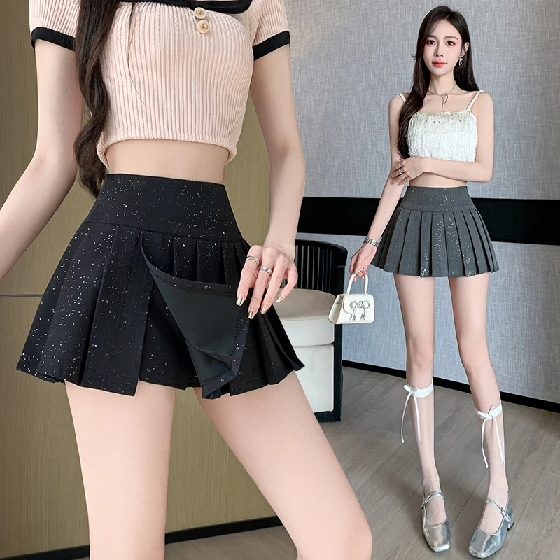 High Waist Irregular Pleated Mini Skirt for Women Shining Sparkling Solid A-Line Petite Korean Streetwear Casual Skirt
