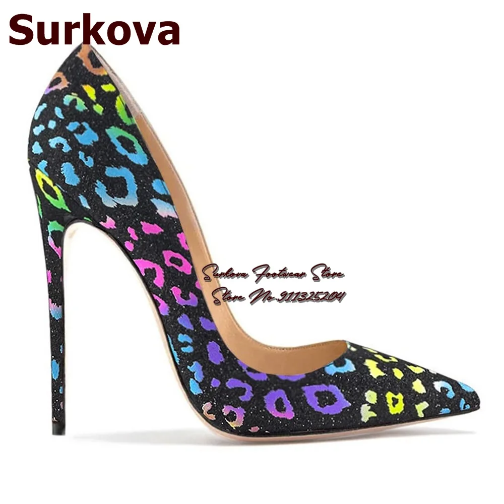 Surkova Multi-Color Leopard Glitter Sequined High Heel Shoes 12cm 10cm 8cm Stilettos Wedding Pumps Pointed Toe Shallow Shoes