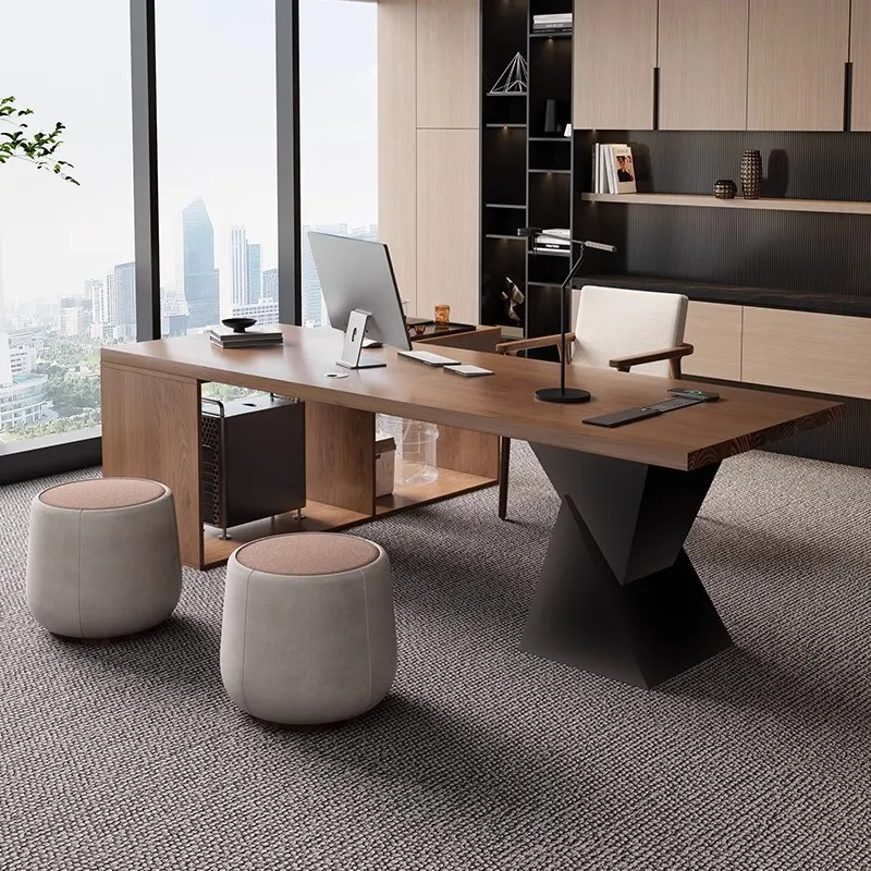 Simple desktop, modern solid wood office desk with tea table, integrated CEO boss desk, large class desk, light luxury and high-