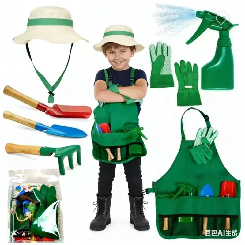 Kids Garden Play Cosplay Costume Set Children Apron Gloves Gardening Tool Kit Grow Plants Science Educational Toy Party Dress Up