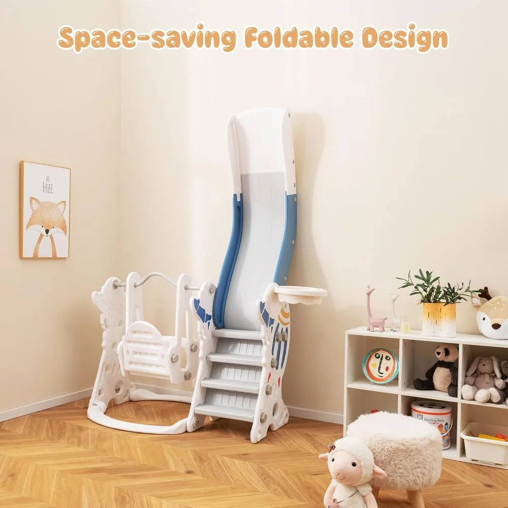 幼児用4-in-1スイング＆スライドセット（ロケットテーマ）、クライマー、バスケットボールフープ、ボール付き