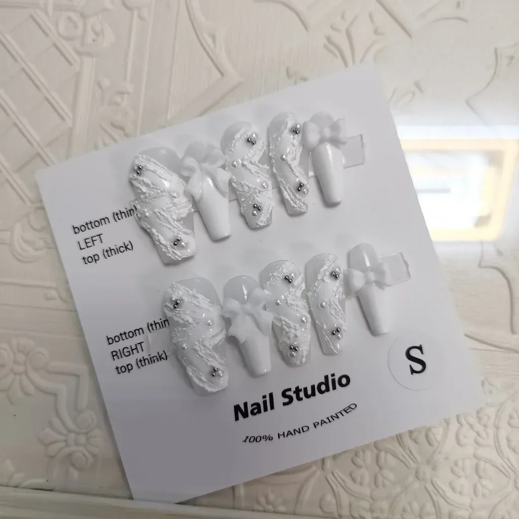 Ribbon Pearl Handmade Wearable Nail Elegant White Swan Hand-painted Embossed Nail Art White Wearable False Nails Students Gift