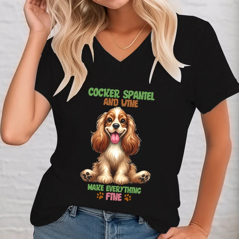 Women\'s Cute Spaniel T-Shirt Summer Cartoon Short Sleeve Tshirt Dog Paw Funny Design Loose V-Neck Tshirt Cocker Dog Lovers Tees