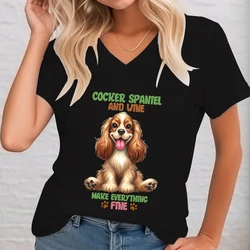 Women's Cute Spaniel T-Shirt Summer Cartoon Short Sleeve Tshirt Dog Paw Funny Design Loose V-Neck Tshirt Cocker Dog Lovers Tees